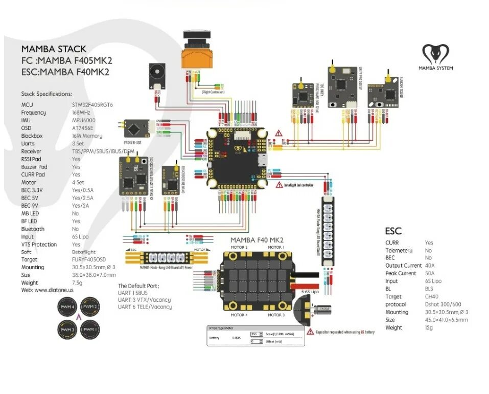 Распиновка f405 Контроллер полета Diatone MAMBA F405 MK2 F40 40A 3-6S DSHOT600 бесщеточный ESC д