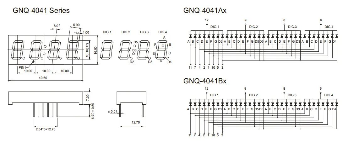 Распиновка индикатора 0,40 дюйма 4 Цифра 7 сегментного дисплея (GNS-4041Ax-Bx) - Китай Светодиод DOT M