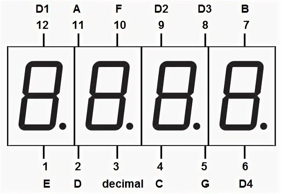 Распиновка индикатора 4-разрядный 7-сегментный индикатор 0.56" красный 12pin катод Arduino (426020687)