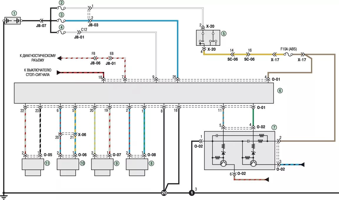 Распиновка киа спектра Схема 17. Соединения антиблокировочной системы тормозов (ABS) Kia Spectra