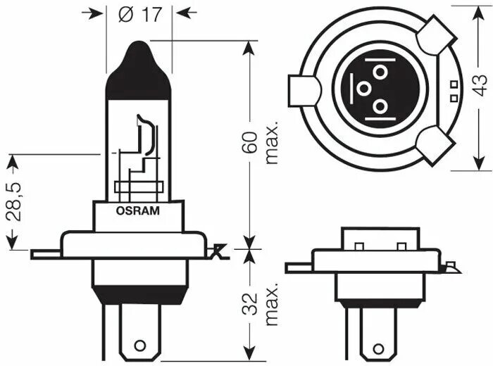 Распиновка лампочки Лампа Галогенная H4 12V 60/55W "Osram" (1 Шт.) Osram арт. 64193 - купить в интер