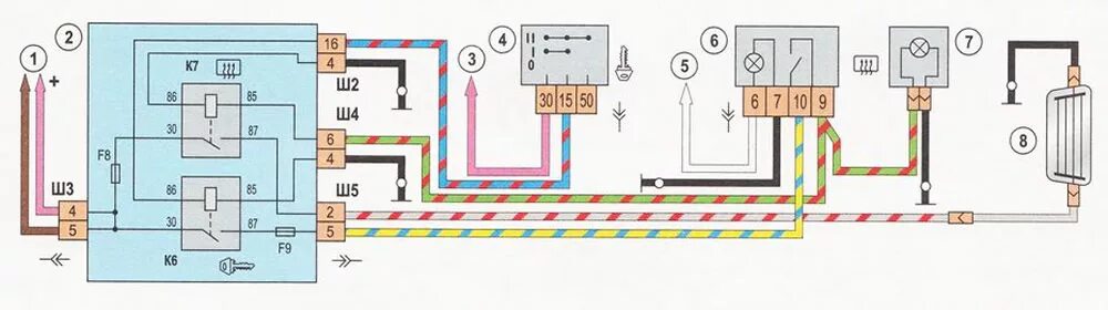 Распиновка обогрева заднего стекла Rear window heating circuit (VAZ-2110 "LADA" 1995-2007 / Electrical equipment / 