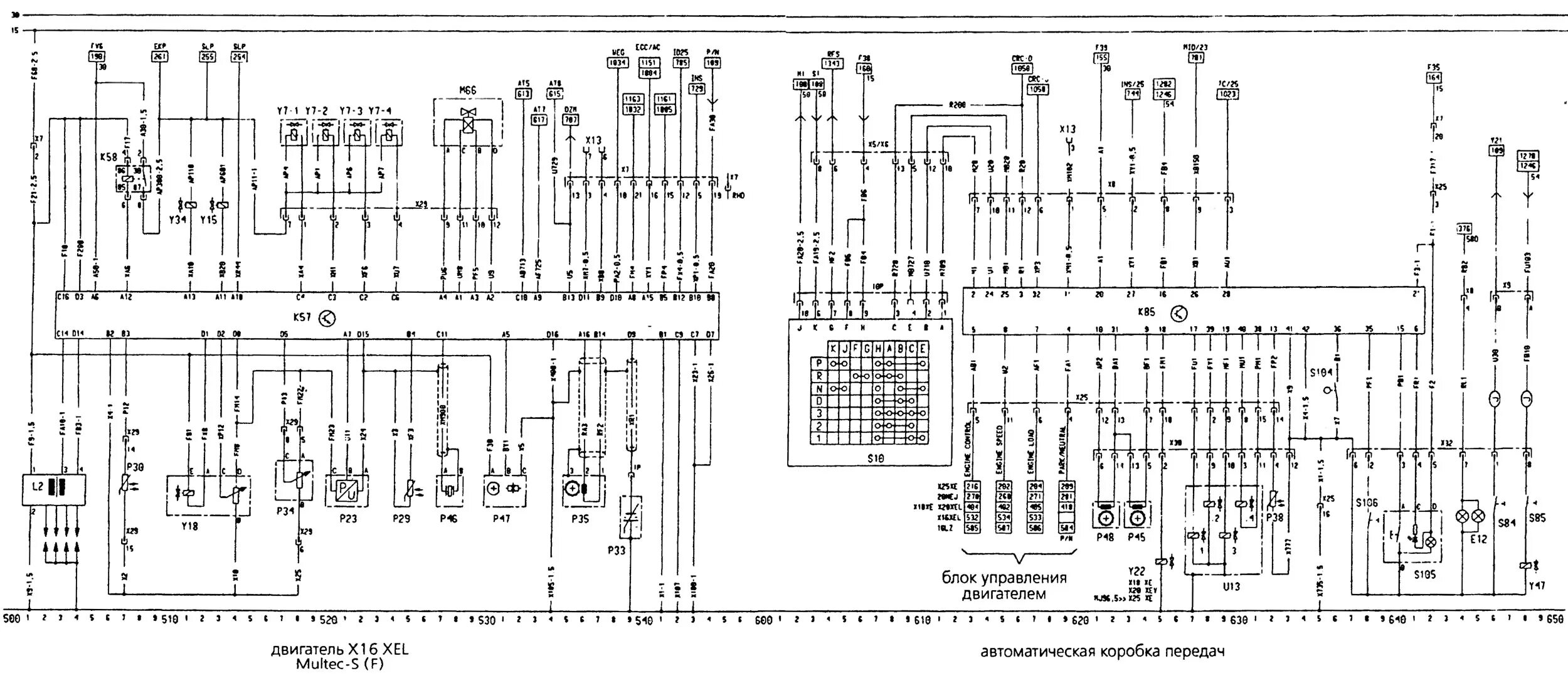 Распиновка опель X16 XEL Multec-S (F) engine, automatic transmission (Opel Vectra B 1995-2002, pe