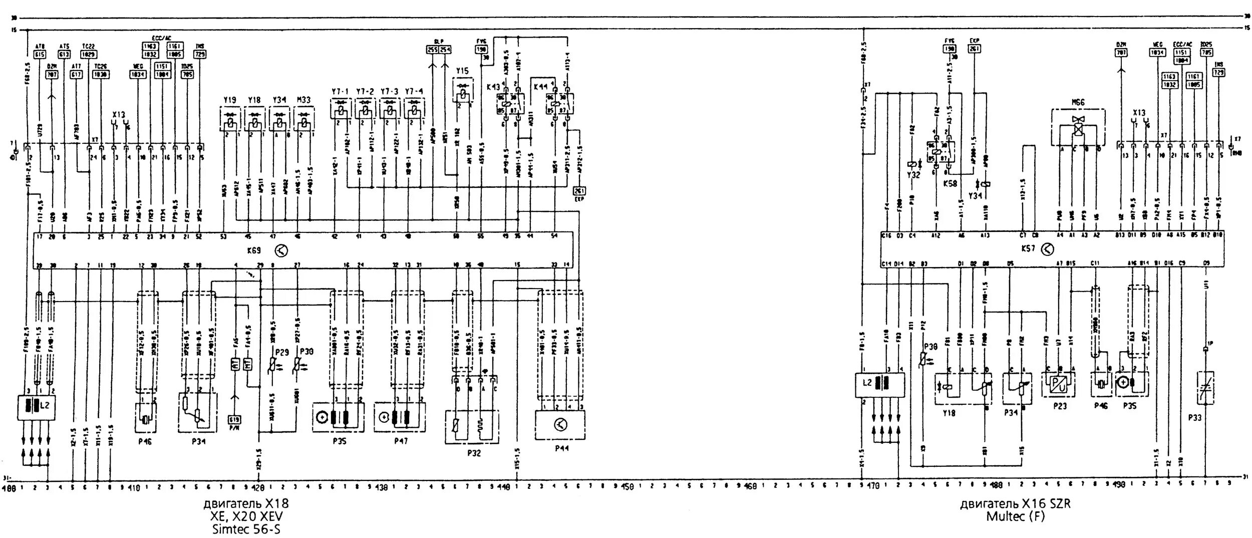 Распиновка опель омега б X18 XE engine, X20 XEV Simtec 56-S, X16 SZR Multec (F) engine (Opel Vectra B 199