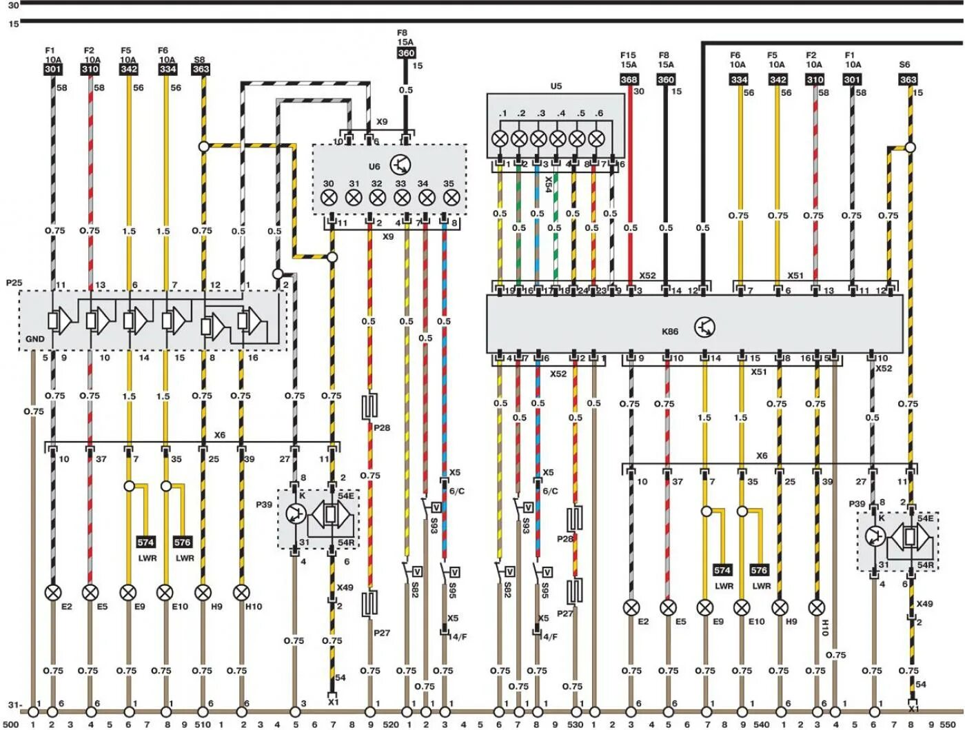 Распиновка опель омега б Circuit diagrams 500-599 (Opel Omega B 1993-1999: Electrical equipment: Wiring d