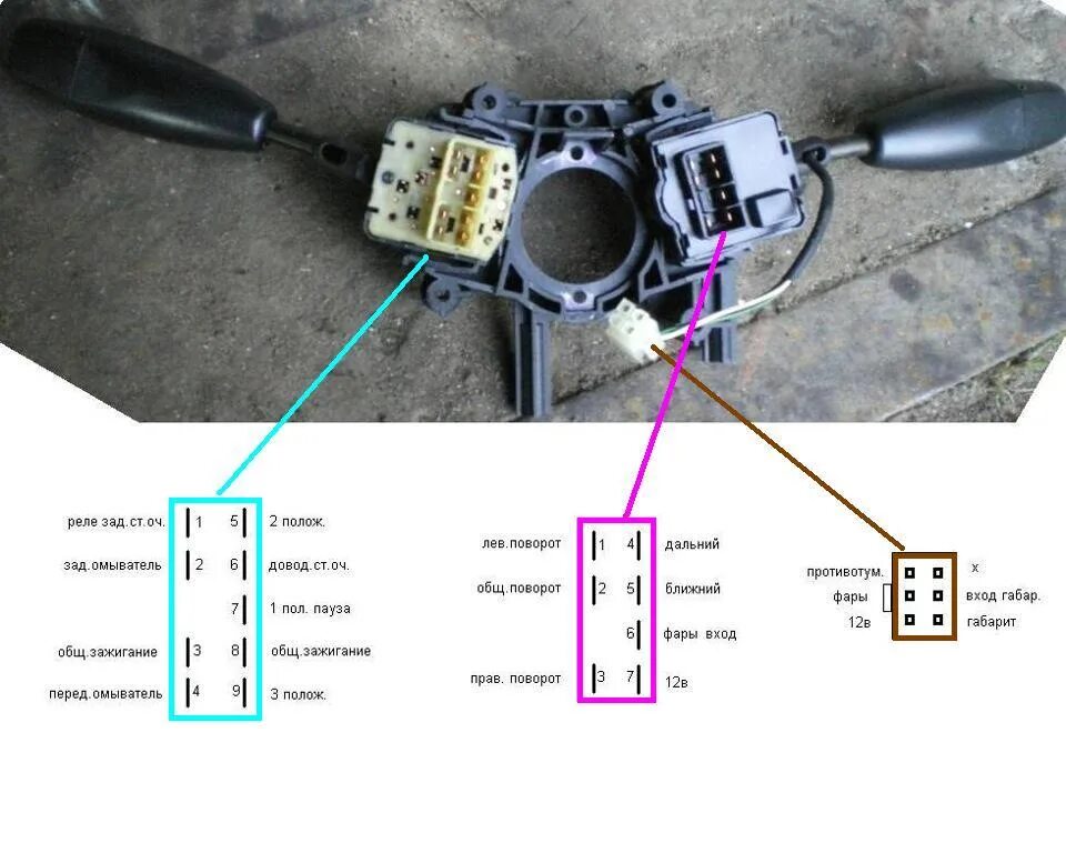 Распиновка подрулевых переключателей Пересвет приборной панели + индикация ближнего на приборке - Daewoo Sens, 1,3 л,