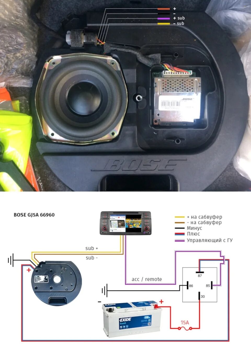 Распиновка сабвуфера Сабвуфер BOSE в запасное колесо Е46 - BMW 3 series (E46), 2 л, 2004 года автозву