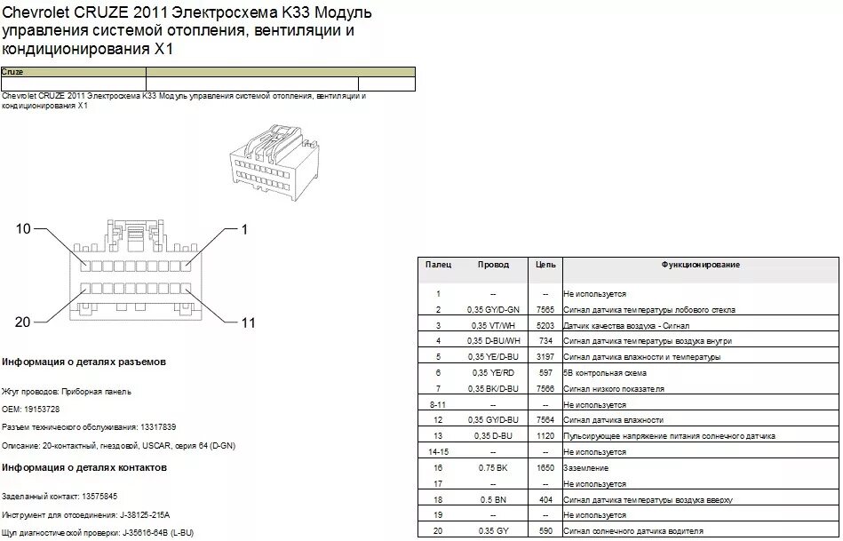 Распиновка шевроле круз Распиновка разъема K33 Модуль управления системой отопления, вентиляции и кондиц