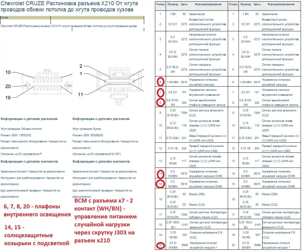 Распиновка шевроле круз Электросхема разъема X210 на внутреннее освещение и датчики Шевроле Круз - DRIVE