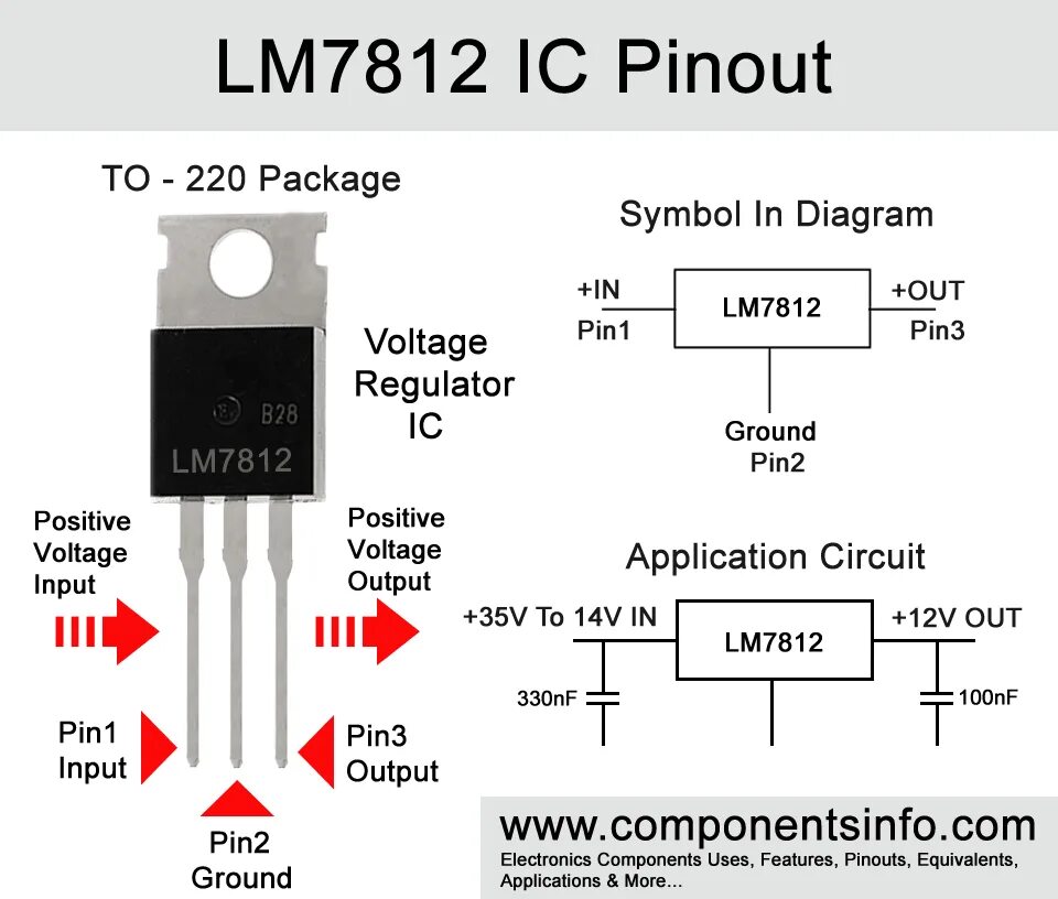 Распиновка стабилизатора LM7812 Pinout, Equivalent, Datasheet, Applications, Features