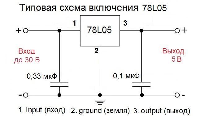 Распиновка стабилизатора Характеристики 78L05, схема включения стабилизатора, распиновка, datasheet в 202