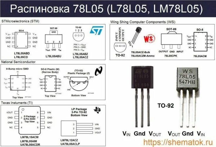 Распиновка стабилизатора Характеристики 78L05, схема включения стабилизатора, распиновка, datasheet Compu