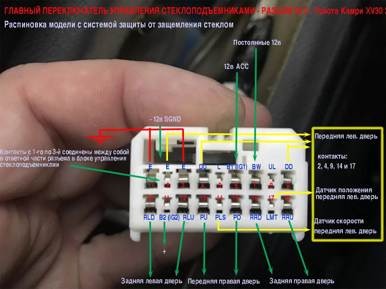 Распиновка водительской Подсветка кнопок стеклоподъемников в Тойота Камри XV30, 2005г.в. - начало - Toyo