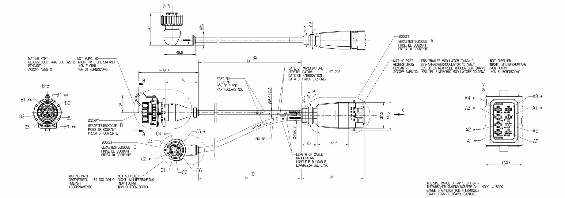 Распиновка wabco Диагностический кабель и кабель на модуль ELM WABCO L1=6000мм, L2=2000мм (арт. 4