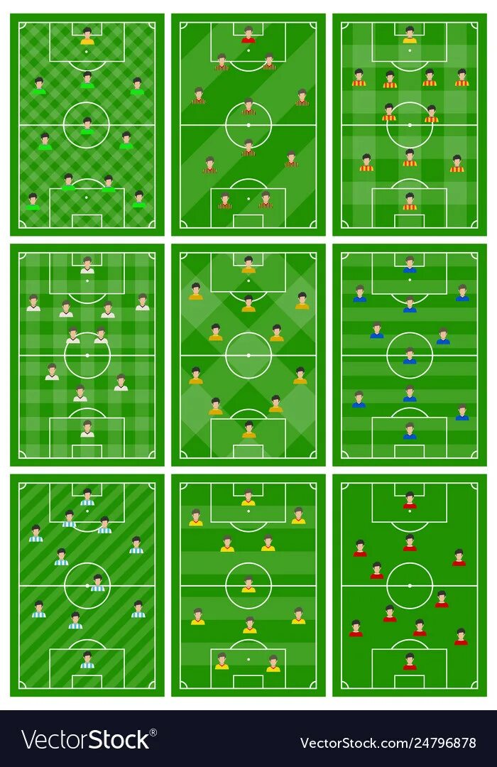 Расположение игроков в футболе на поле схема Set nine football fields with different scheme Vector Image