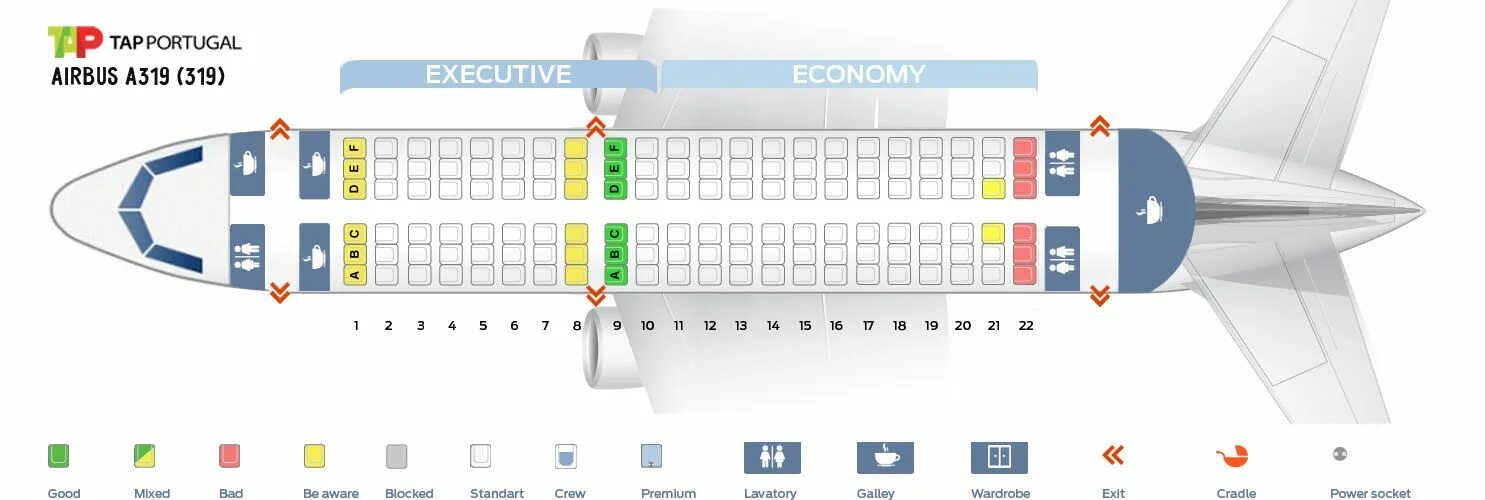 Расположение кресел в самолете аэрофлот схема Seat Map and Seating Chart Airbus A319 100 V2 TAP Air Portugal Seating charts, S