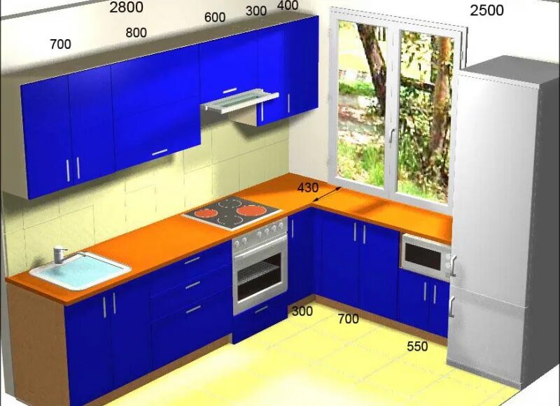 Расположение кухонного гарнитура фото Дизайн кухни площадью 8 кв. м с холодильником