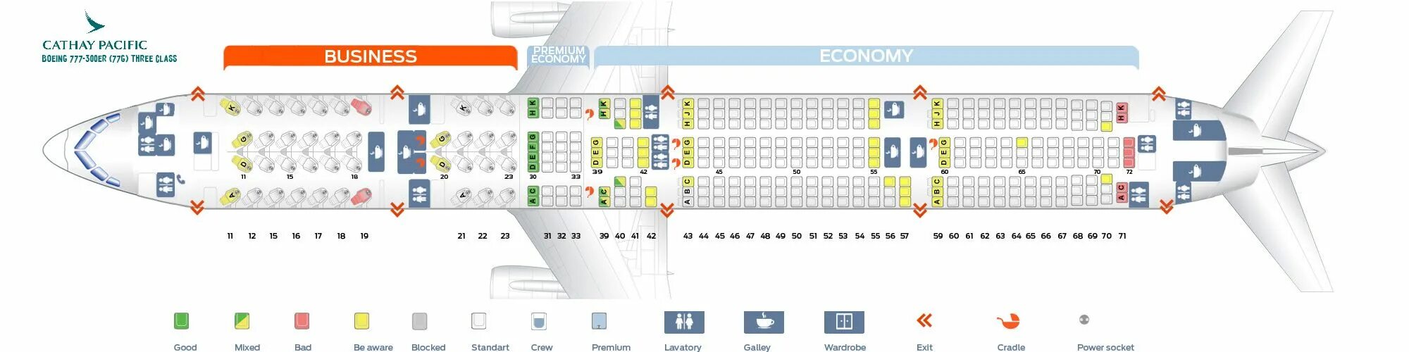 Расположение мест боинг 777 300er схема Seat Map and Seating Chart Boeing 777 300ER Cathay Pacific 77G Three class Catha