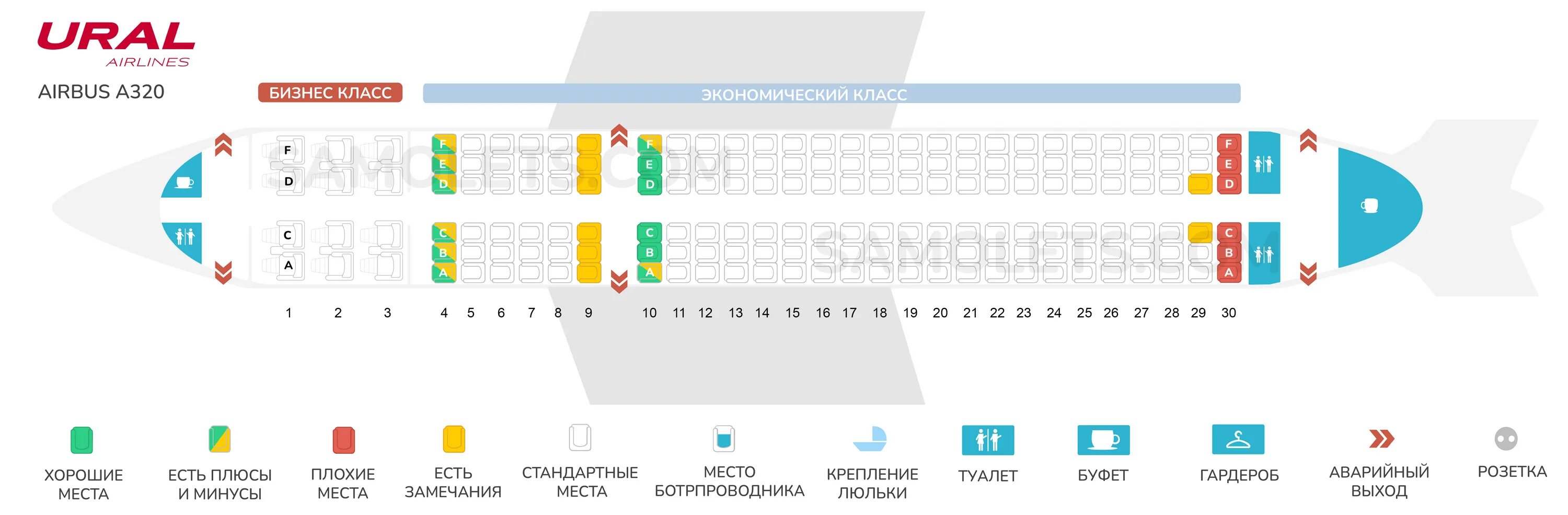 Расположение мест в самолете уральские авиалинии схема Схема салона Airbus A320 (Аэробус A320) - Ural Airlines. Лучшие места в самолете