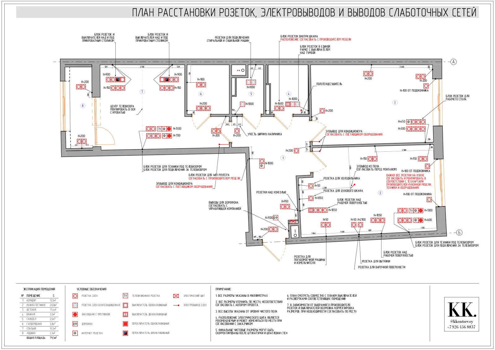 Расположение розеток в комнате схема План расстановки розеток, эл.выводов и выводов слаботочных сетей - Фрилансер Кон