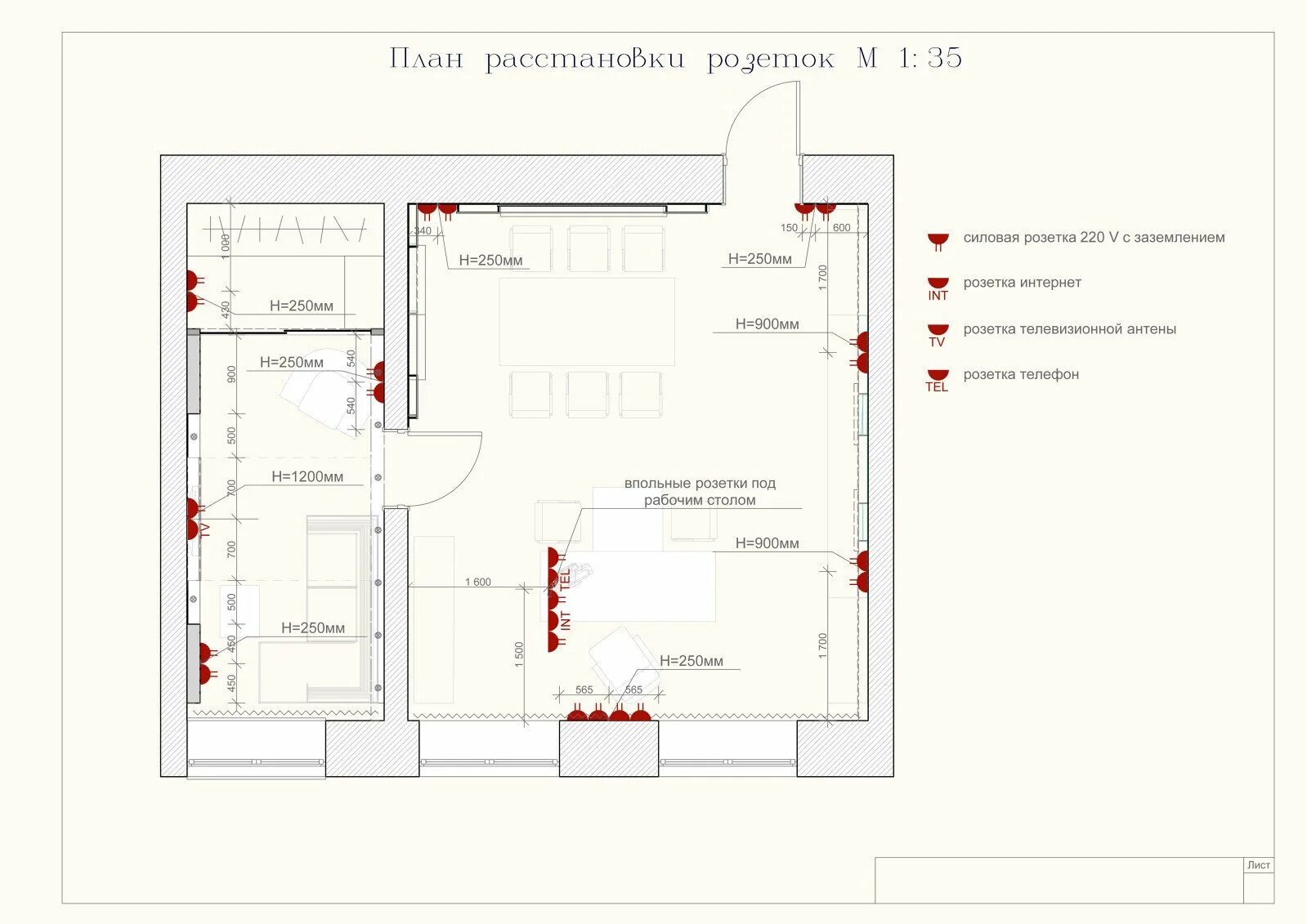 Расположение розеток в комнате схема План розеток фото - DelaDom.ru