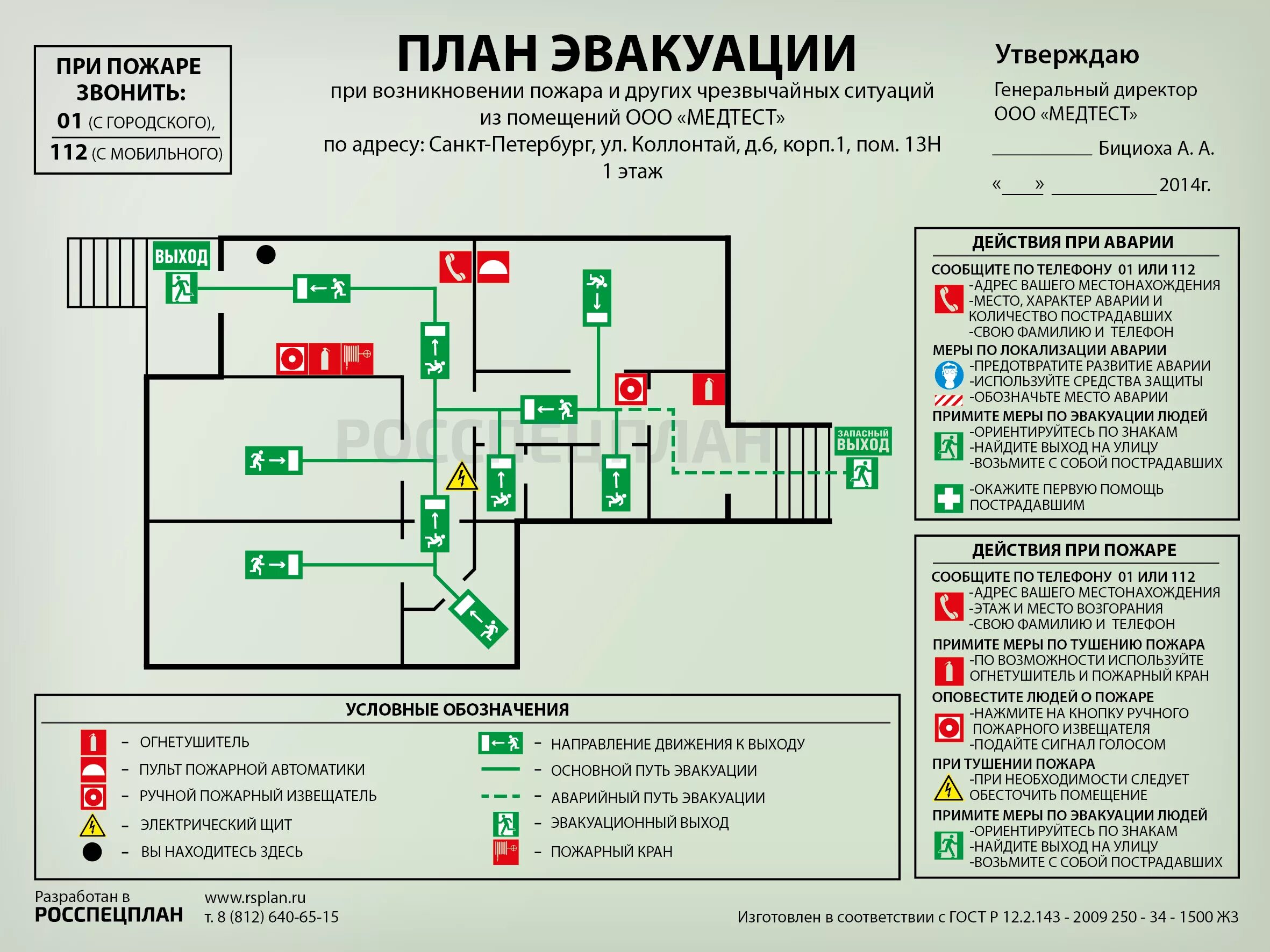 Расположение схемы эвакуации при пожаре План эвакуации из ООО "Медтест"