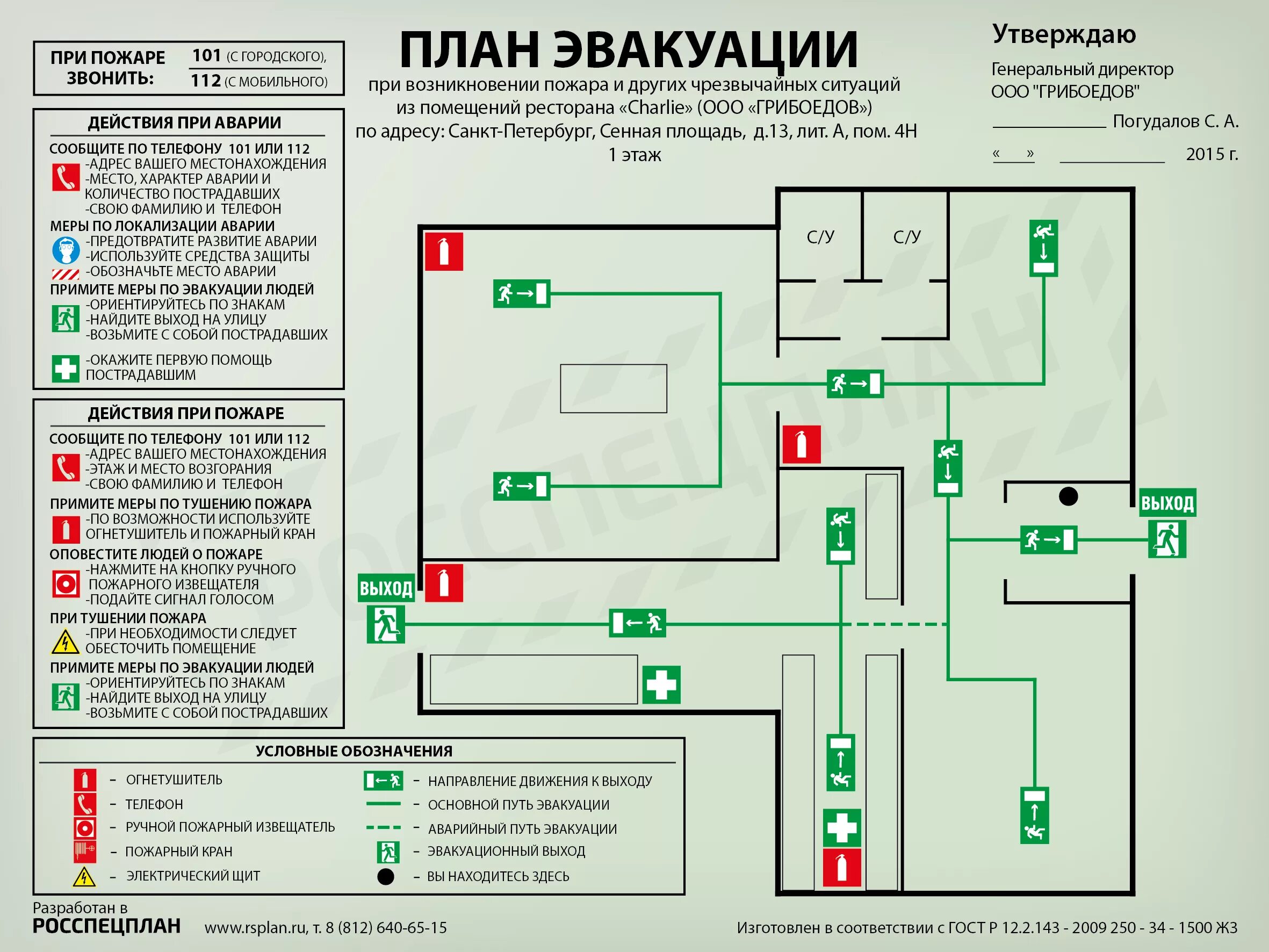 Расположение схемы эвакуации при пожаре Планы эвакуации из помещений ресторана "Charlie"