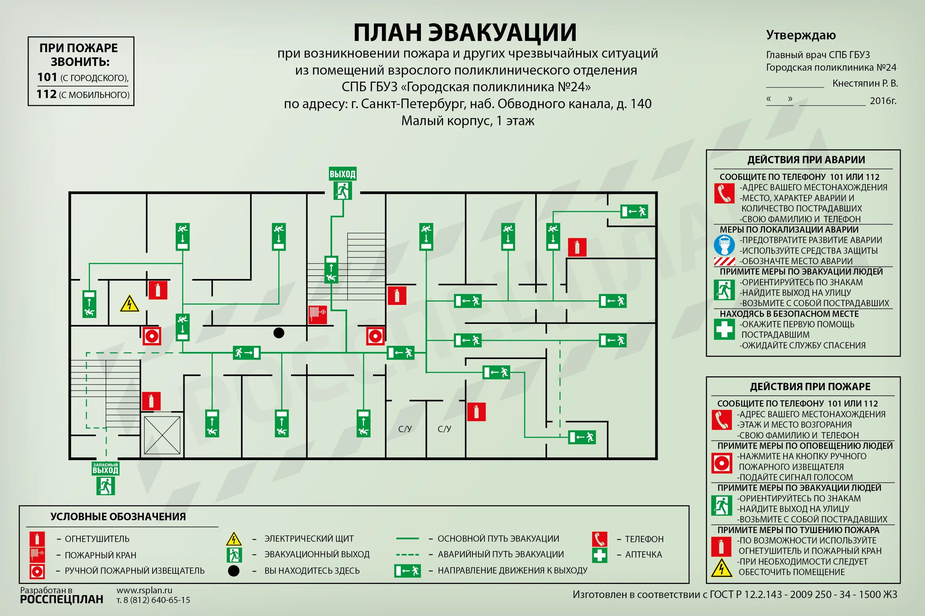 Расположение схемы эвакуации при пожаре Планы эвакуации из помещений взрослого поликлинического отделения СПБ ГБУЗ "Горо