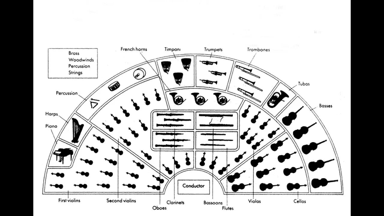 Расположение симфонического оркестра на сцене схема Britten: Young Person's Guide to the Orchestra (Fugue) / Bernstein - New York Ph