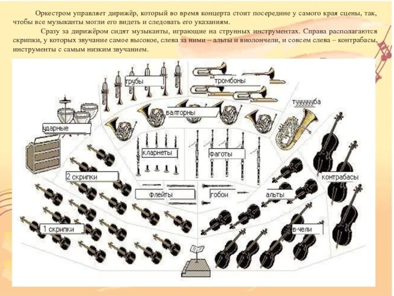 Расположение симфонического оркестра на сцене схема Инструменты симфонического народного оркестров