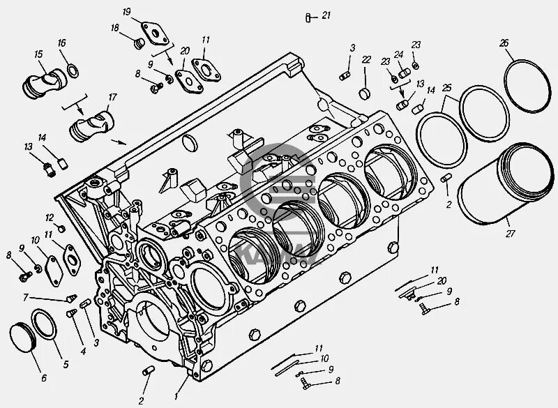 Расположение цилиндров камаз 740 схема Блок цилиндров для автомобиля КАМАЗ 4310 (каталог 2004 г), 27 дет.