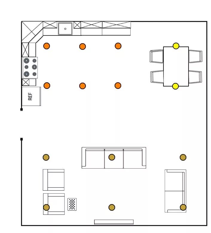 Расположение трековых светильников на кухне схема Recessed Lighting for a Great Room