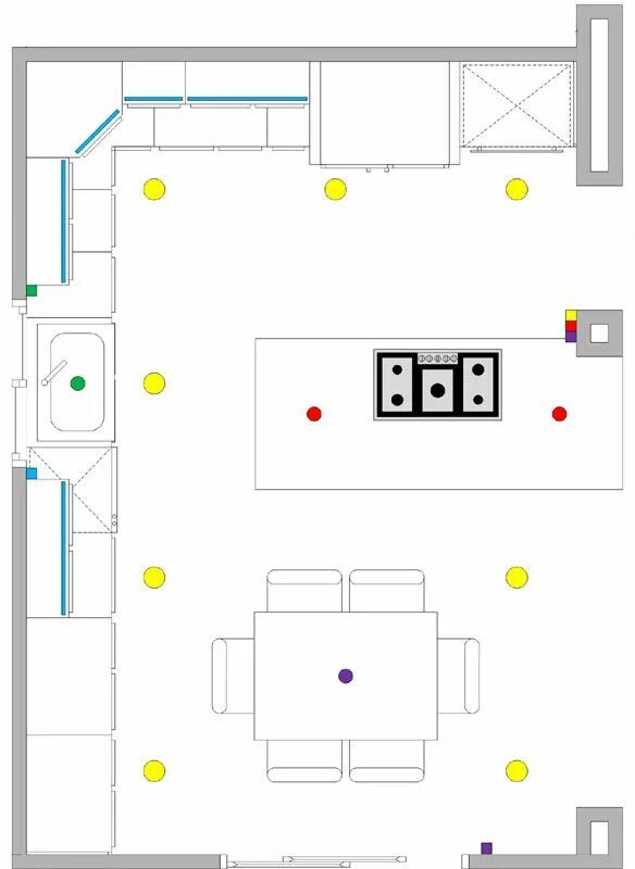 Расположение трековых светильников на кухне схема Full kitchen recessed light layout with kitchen table Huis verlichting, Keukens,