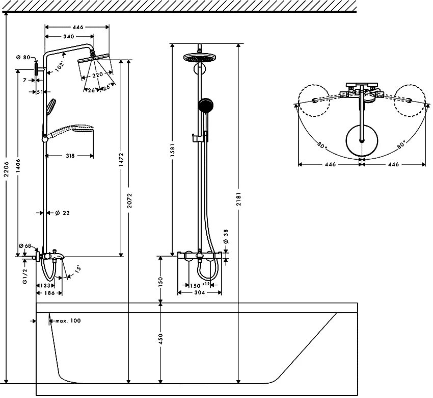 Расположение водорозеток в ванной схема Душевая система Hansgrohe Croma 220 Showerpipe 27223000