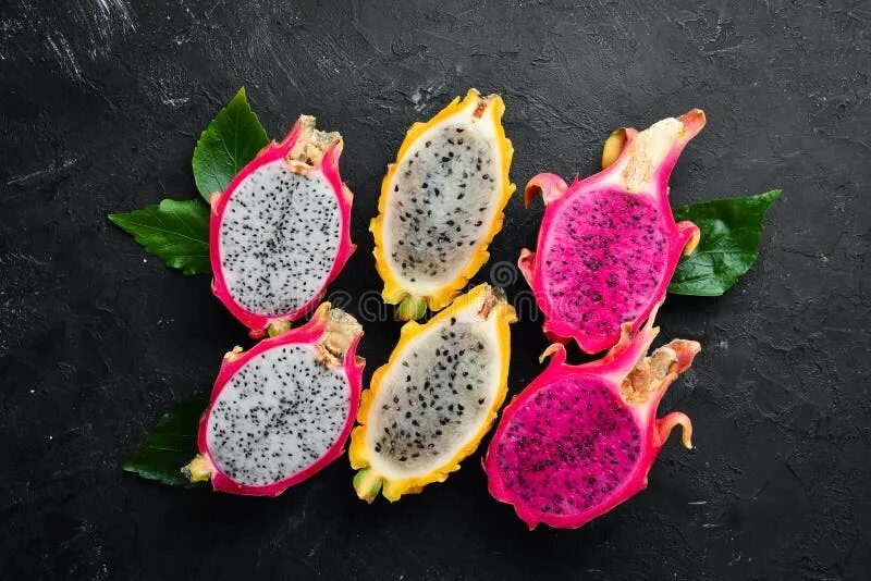 Распознать фрукт по фото онлайн Fresh Dragon Fruit on a Black Background. Tropical Fruits. Top View Stock Image 