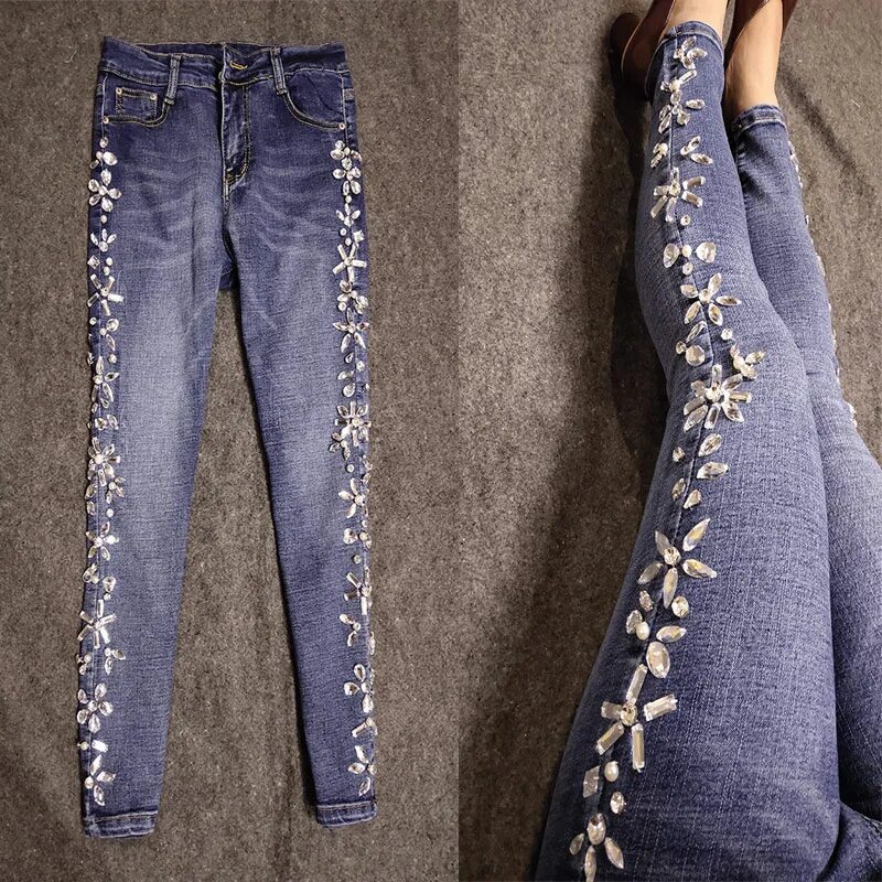 Расшить джинсы фото plus size 26 32!beaded rhinestone cropped women jeans high waist pearl diamond s