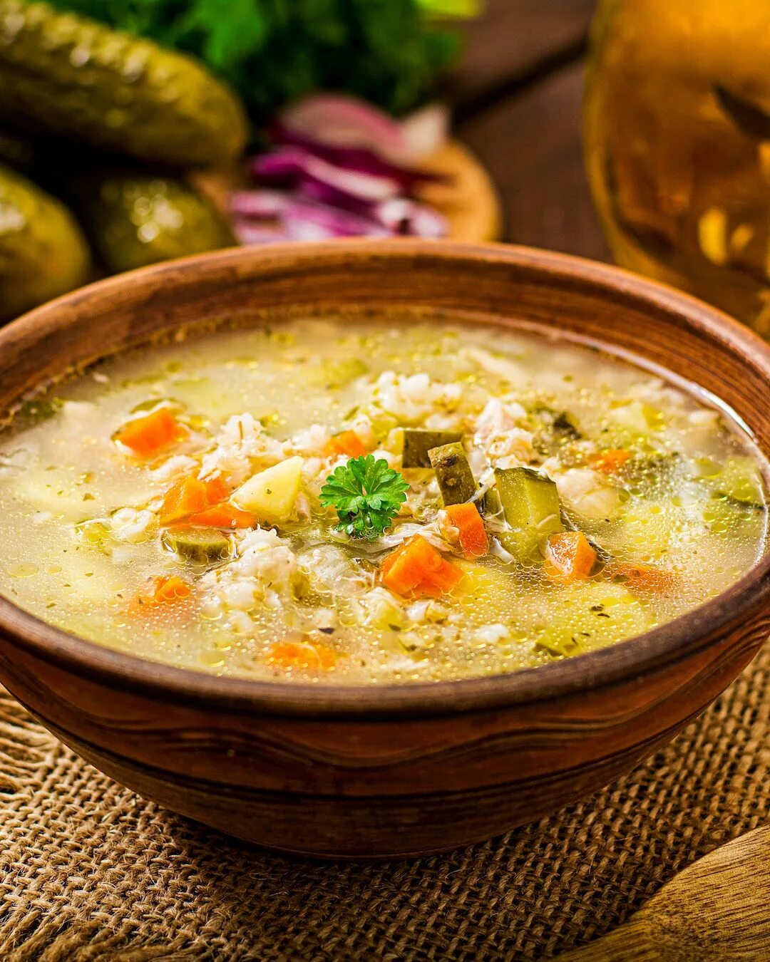 Рассольник рецепт классический с рисом фото Rassolnik - a pearl barley and vegetable soup with pickled salty cucumbers, also