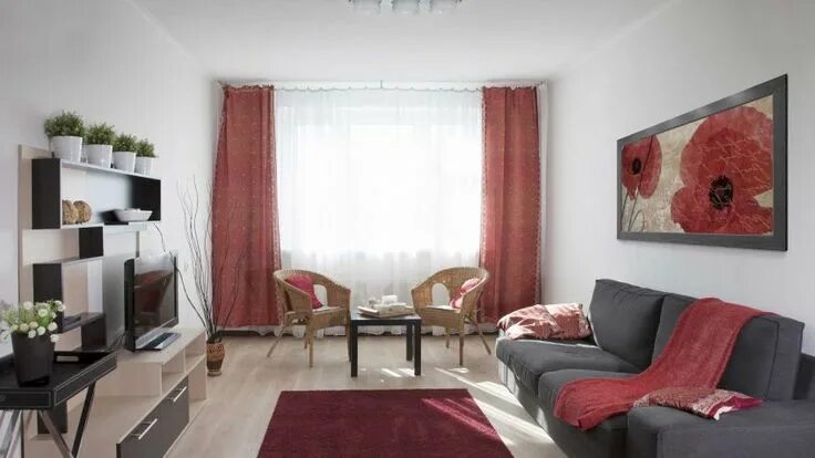 Расставить мебель фото Sala de color rojo, gris y beige Adornos para sala, Decoración de unas, Salones 