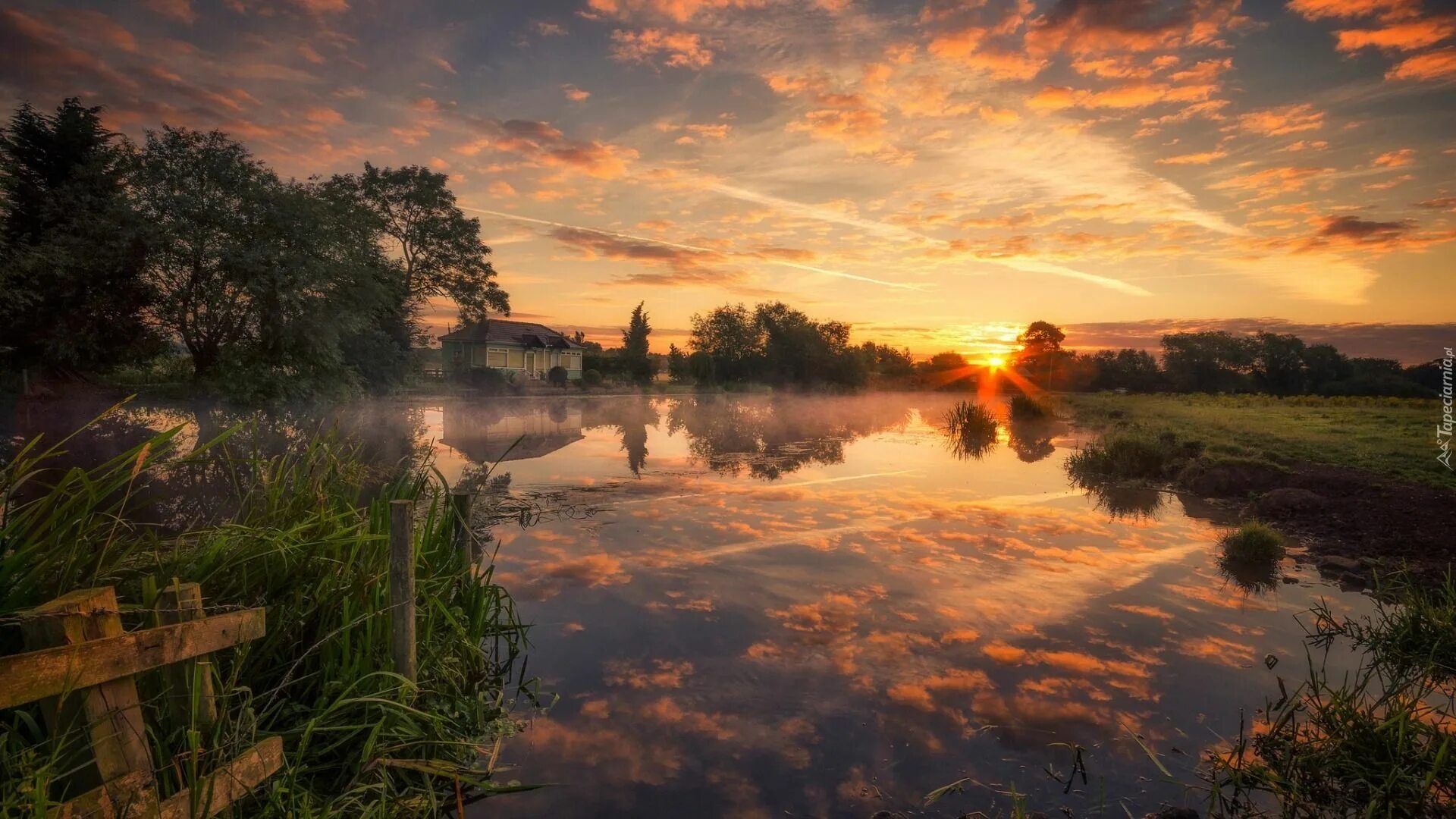 Рассвет на реке фото Zachód słońca, Jezioro, Drzewa, Dom