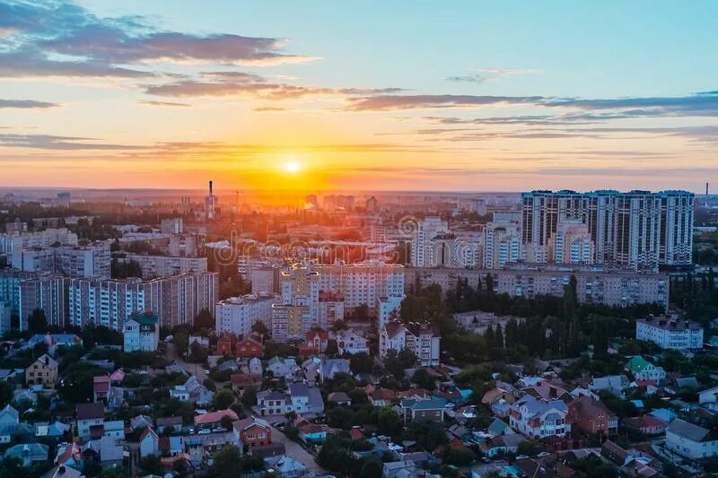 Рассвет воронеж фото Sunset Above Summer Evening Voronezh. Aerial View To Residential Area Stock Imag