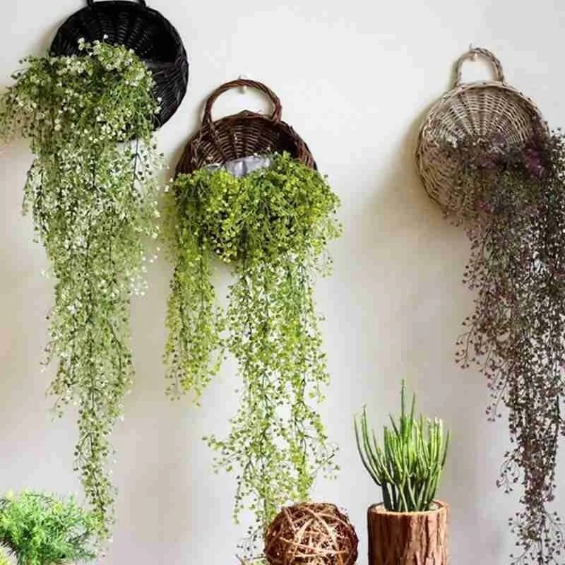 Растения для декора дома 1 Pc Handmade Wicker Rattan Plant Pots Hanging Flower Basket Wall Mounted Flower