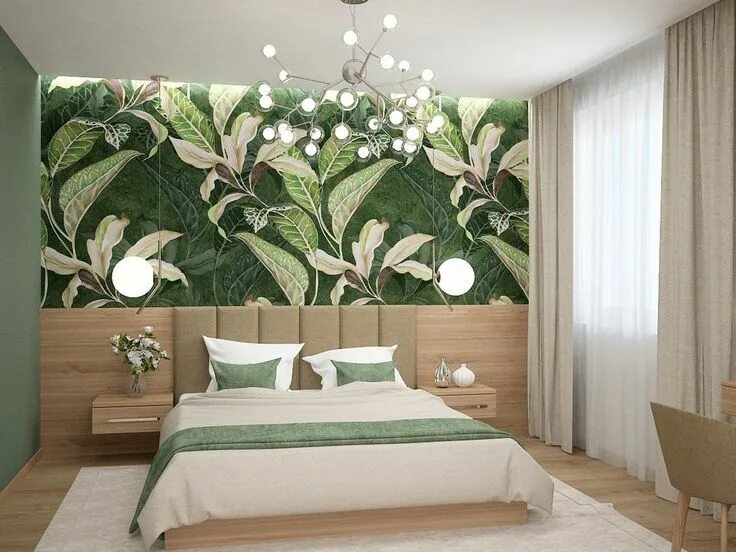 Растительные обои в интерьере Green themed bedroom interior design Beautiful bedrooms, Interior design bedroom