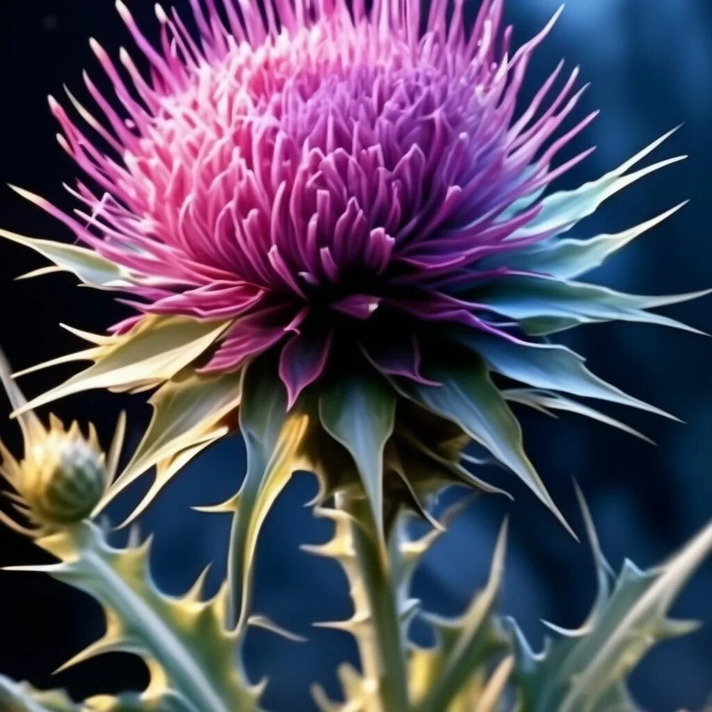 Расторопша фото крупным планом с листьями "Mirella-Style Thistle, On A Dark ." - image created in Shedevrum