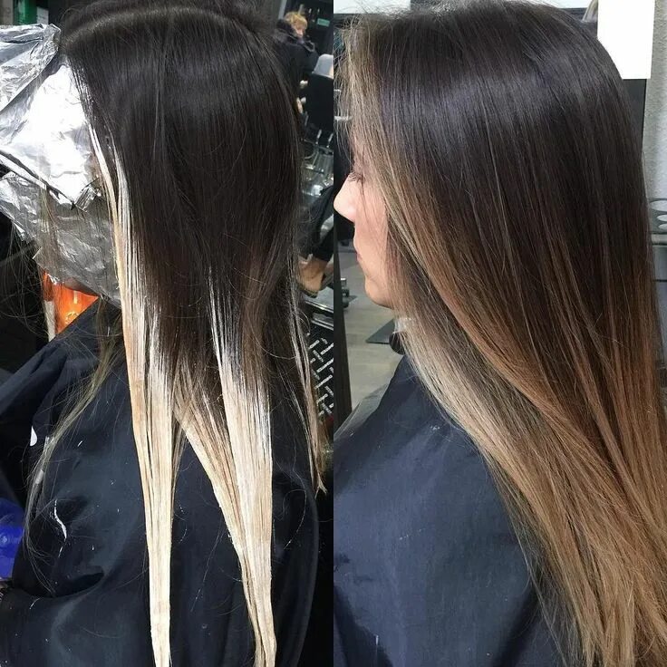 Растяжка на темных волосах фото Brunette balayage #balayage #hairpainting #hairbykimjette #brunette #brunettebal