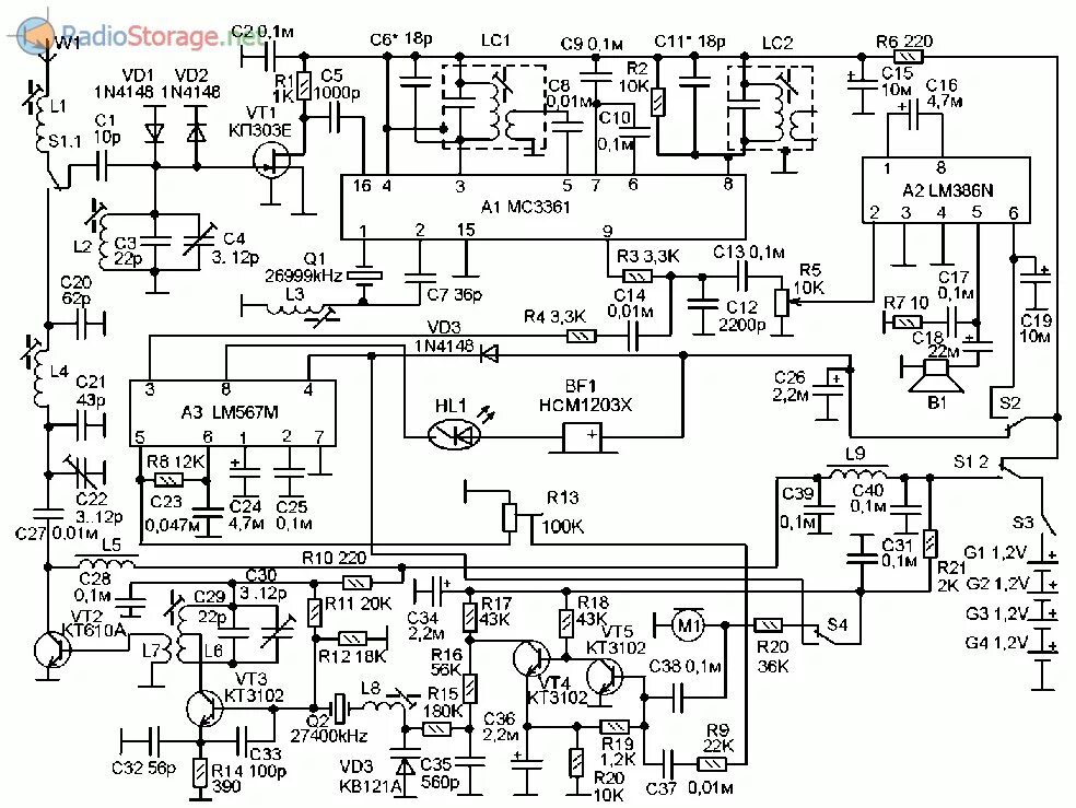 Рация схема электрическая принципиальная Радиостанция КВ диапазона на 27МГц с модулем вызова (MC3361, LM567M, LM386)