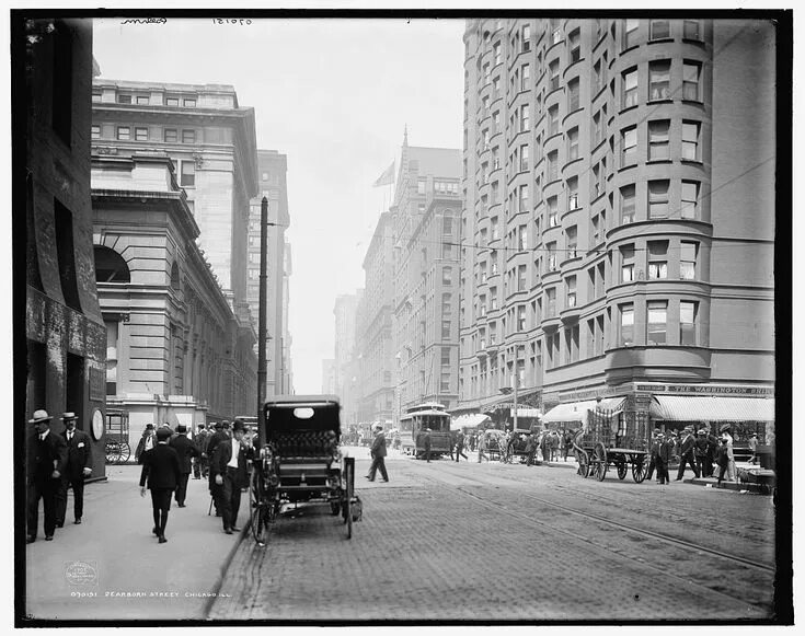 Район ретро фото Dearborn St just north of Jackson Blvd, 1907 Chicago Chicago photos, Old photos,