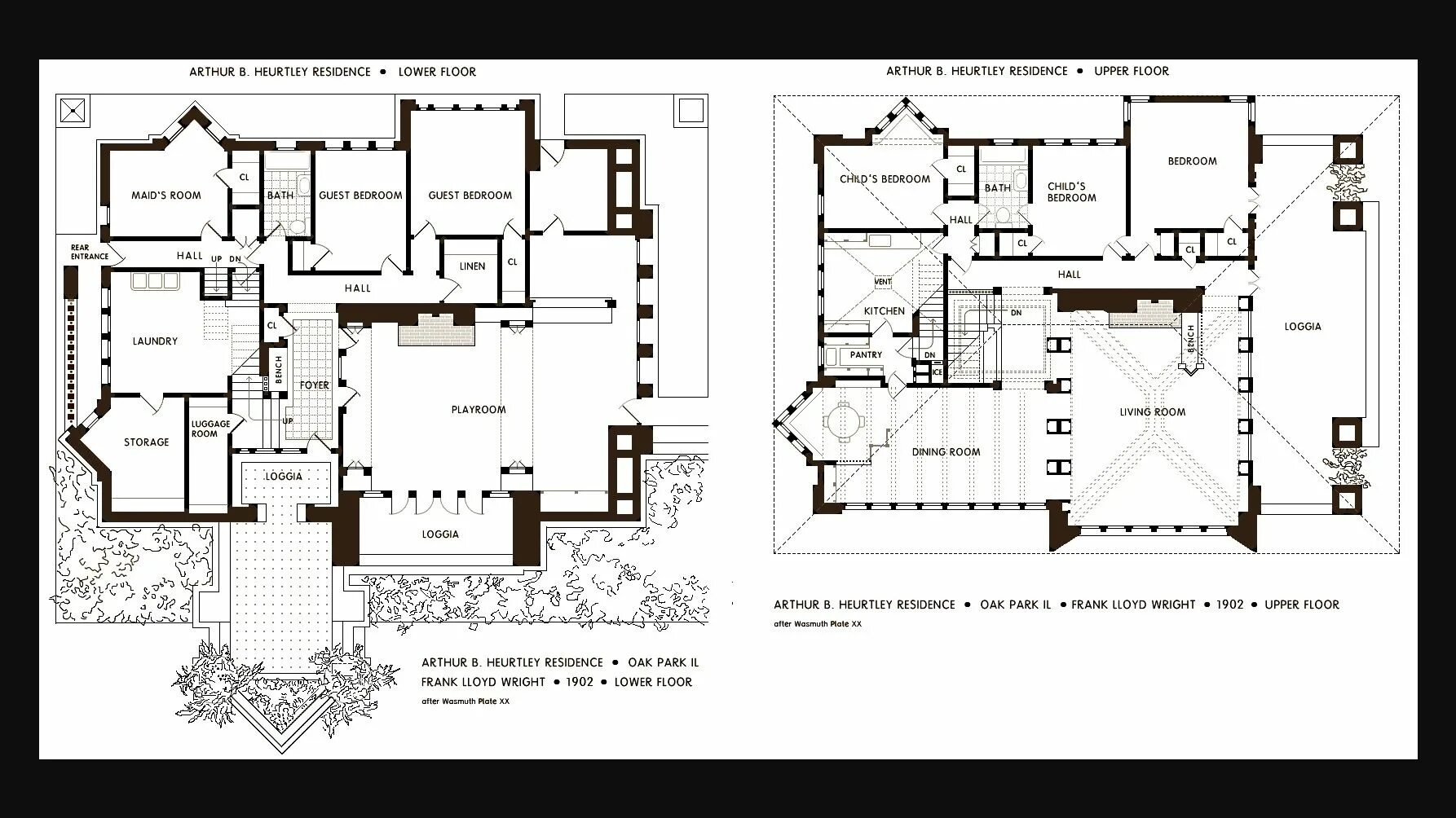 Райт дома планировки Frank Lloyd Wright - Arthur B. Heurtley Residence, Oak Park, IL - Lower and uppe