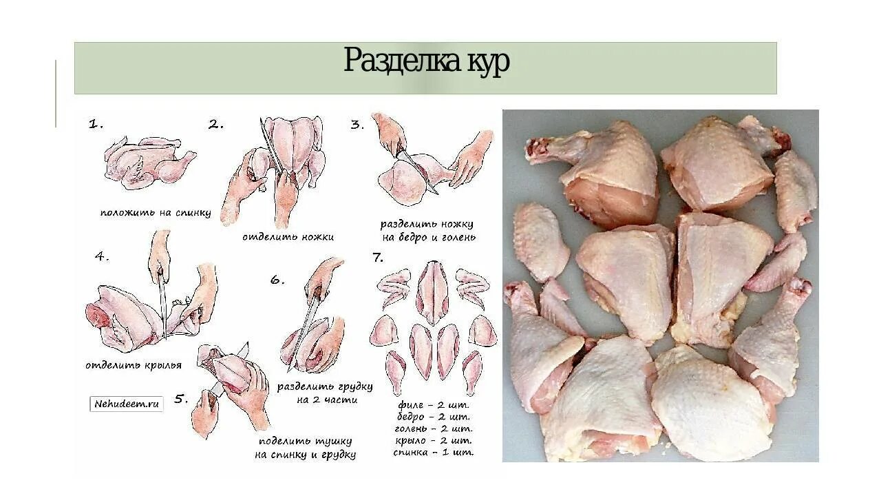 Разделка курицы на части схема фото Как правильно и быстро разделать курицу на части (порционные куски), схема разде