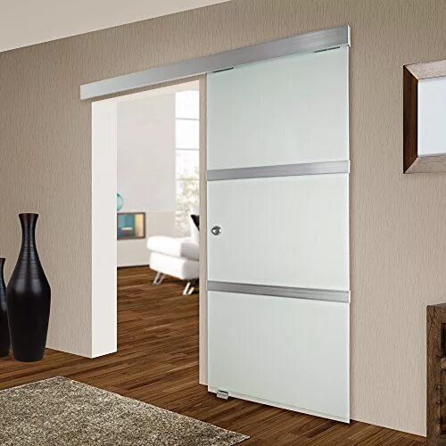 Раздвижная дверь межкомнатная одностворчатая фото TecTake Porta scorrevole di vetro satinato vetro latte porta aluminio 775x2050mm