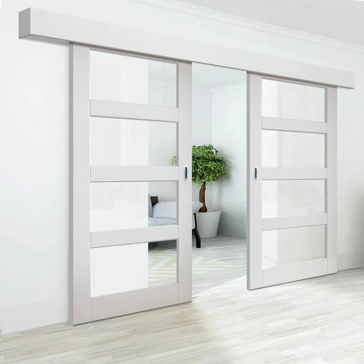 Раздвижная дверь межкомнатная одностворчатая фото в интерьере Thruslide Surface Cayman White Primed Sliding Double Door and Track Kit - Clear 